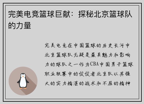 完美电竞篮球巨献：探秘北京篮球队的力量