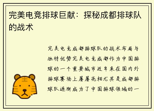完美电竞排球巨献：探秘成都排球队的战术