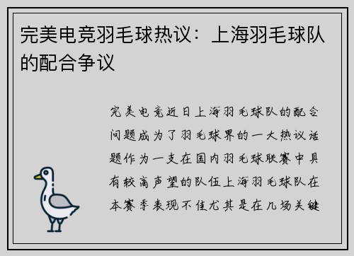 完美电竞羽毛球热议：上海羽毛球队的配合争议