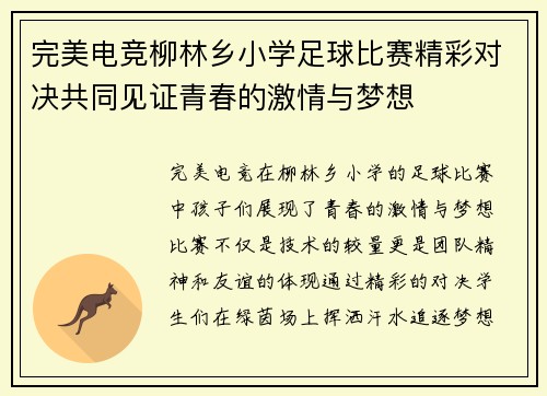 完美电竞柳林乡小学足球比赛精彩对决共同见证青春的激情与梦想
