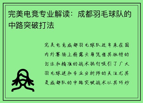 完美电竞专业解读：成都羽毛球队的中路突破打法